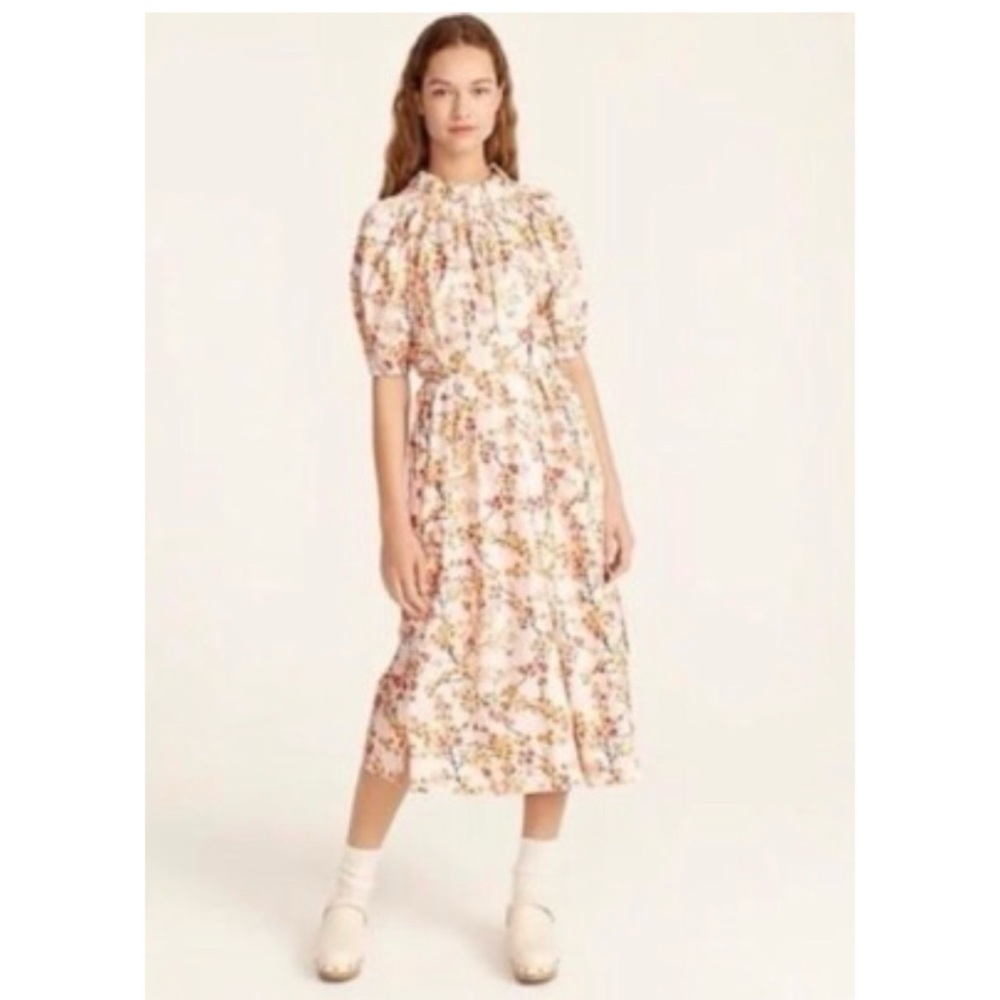 J Crew Smocked Neck Puff Sleeve Dress Cherry Blossom Print Boho Peasant Sz XXS